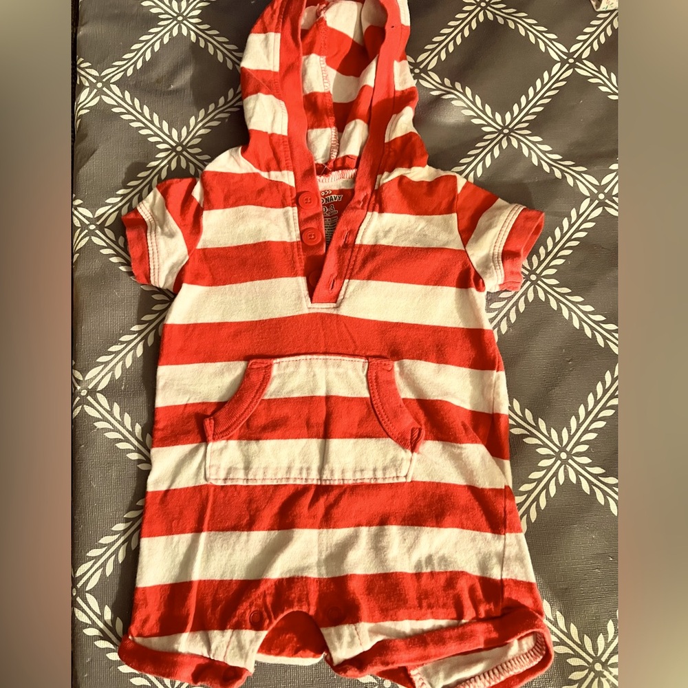 Old Navy pink and White Striped Hooded Baby One-Piece